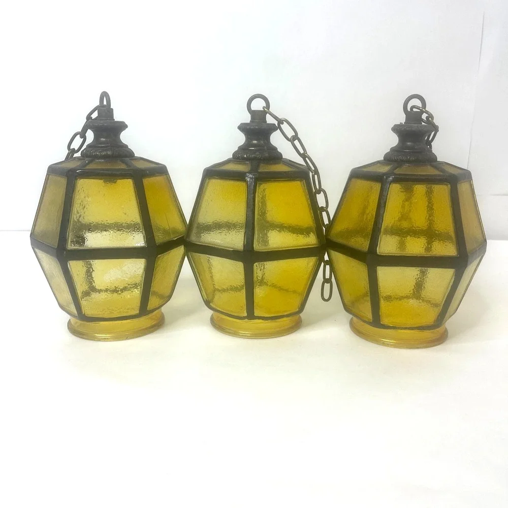 Set of 3 Amber Glass Lantern Style Lamp Shades MCM Gothic‎ Medieval 3